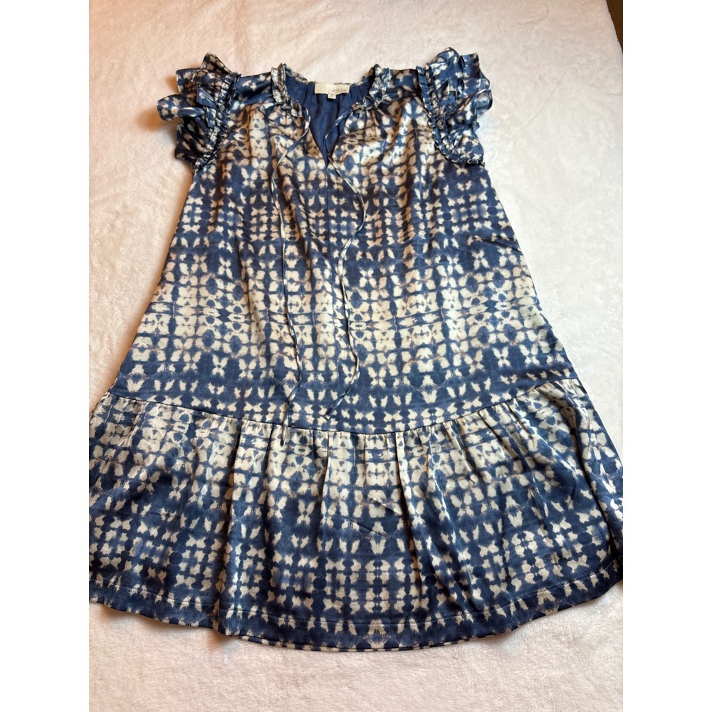 Pinch Blue White Tie Dye Ruffle Mini Dress Sleeveless Tassel Split Neck Medium